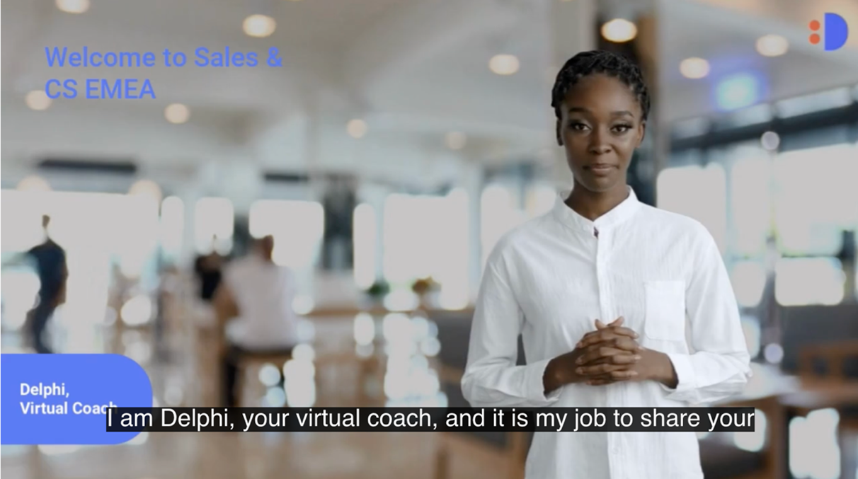 screenshot of CultureDrivers AI video with  the caption, "I am Delphi, your virtual coach, and it is my job to share your..." 