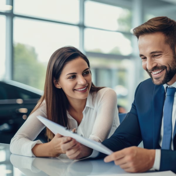 colleagues at car dealership evaluating BI report