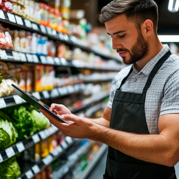 Square 600x600 - Man looking at data on tablet in c-store