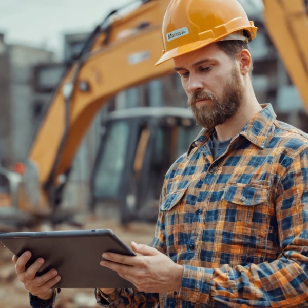 Square_Dealer checking data on tablet in front of excavator