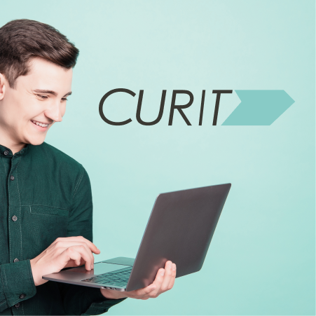 CURIT logo on background with man holding computer